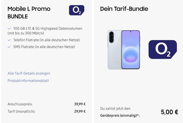 🤯📱 2x Samsung Galaxy A57 für 5€ + o2 Allnet 100GB für 29,99€ mtl.