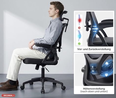 👨‍💻 Ergoreal ergonomischer Bürostuhl mit Lendenstütze & 2D‑Kopfstütze für 47,89€ (statt 96€)