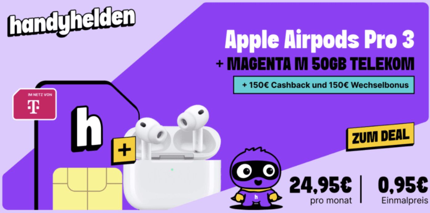 🍏 Apple AirPods Pro 3 für nur 0,95€ + Telekom MagentaMobil 50GB für 24,95€ mtl.+ 300€ Bonus