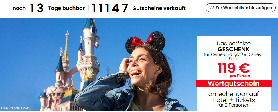 🏰 Disneyland Paris inkl. Parkeintritt mit ÜN in 4* Hotel + Frühstück für 2 Personen 238€