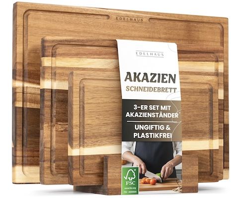 🪵 3er Set Edelhaus Schneidebrett aus Akazienholz mit Saftrille für 44,59€ (statt 60€)