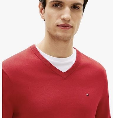 🔴 Tommy Hilfiger Langarm Pullover mit V Ausschnitt in Rot ab 24,80€ (statt 49€)   nur S + XXL