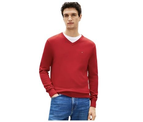 🔴 Tommy Hilfiger Langarm Pullover mit V Ausschnitt in Rot ab 24,80€ (statt 49€)   nur S + XXL