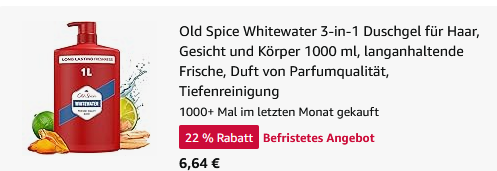 🧼 1 Liter Old Spice Whitewater 3 in 1 Duschgel & Shampoo ab 6,64€ (statt 10€)