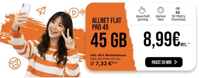 📱 Vodafone Allnet 45GB 5G für eff. 7,32€ mtl.   💰 dank 40€ Bonus