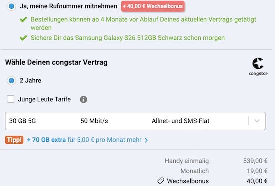 📱 Samsung Galaxy S26 (512GB) für 493,95€ + Telekom Allnet 30GB nur 19€ mtl. + 40€ Bonus