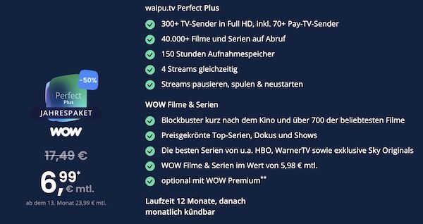 đ„ 60% Ersparnis đŹ Waipu Perfect Plus und WOW Filme & Serien nur 6,99⏠mtl. (statt 17,49âŹ) đ„ 60% Ersparnis đŹ Waipu Perfect Plus und WOW Filme & Serien nur 6,99⏠mtl. (statt 17,49âŹ)