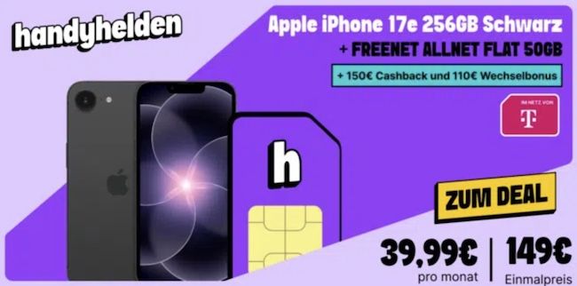 🍏 Apple iPhone 17e für 149€ + Telekom Allnet mit 50GB für 39,99€ mtl. + 260€ Bonus