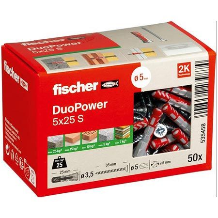 🖼️ 50er Pack fischer DuoPower 5 x 25 S Universaldübel + Schraube für 7,99€ (statt 13€)