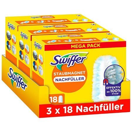 🧽 6 x 18er Pack (108 Tücher) Swiffer Staubmagnet Nachfüllpackung für 43,98€ (statt 76€)