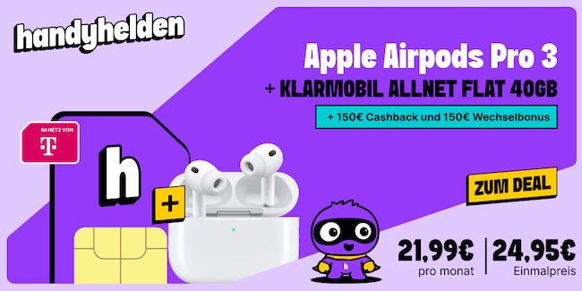📱🍏 Apple AirPods Pro 3 für 24,95€ + Telekom Allnet 40GB für 21,99€ mtl. + 💰 300€ Bonus 📱🍏 Apple AirPods Pro 3 für 24,95€ + Telekom Allnet 40GB für 21,99€ mtl. + 💰 300€ Bonus