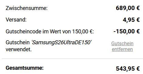 📱 Samsung Galaxy S26 Ultra (1 TB!) für 543,95€ + Telekom Magenta S 30GB für 39,95€ + 270€ Cashback