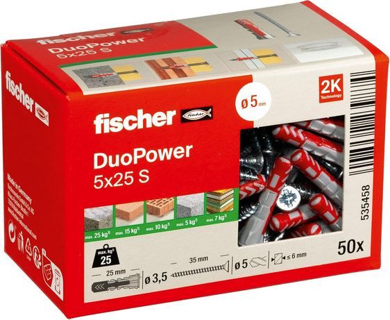 🖼️ 50er Pack fischer DuoPower 5 x 25 S Universaldübel + Schraube für 7,99€ (statt 13€)