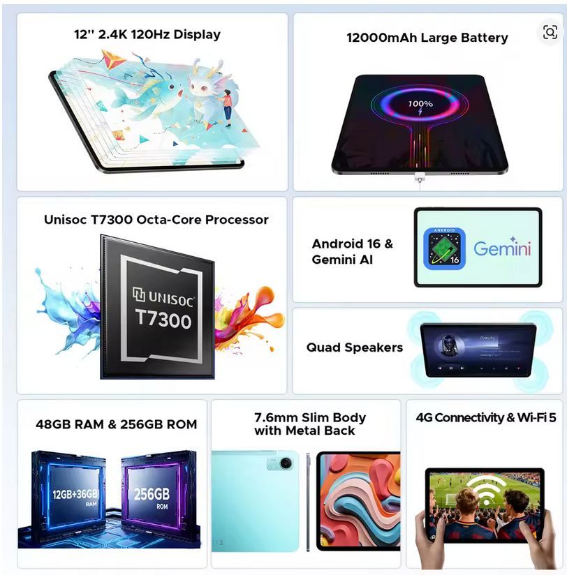 📱 POCKAM P12 Pro Android 16 Tablet mit 12 Display, 12GB+256GB für 164,48€ (statt 509€?)