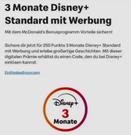 🍔📺 3 Monate Disyney+ Standard für 250 McDonalds Punkte - Nur per App 🍔📺 3 Monate Disyney+ Standard für 250 McDonalds Punkte Nur per App