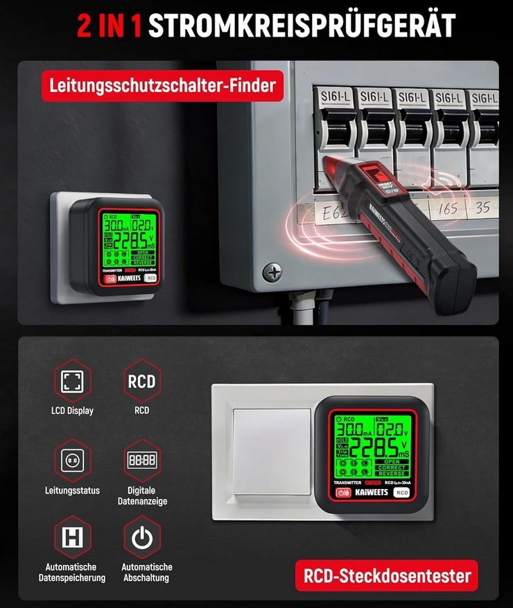 🔌 Kaiweets Sicherungs  & Steckdosentester mit RCD Test für 45,49€ (statt 70€)