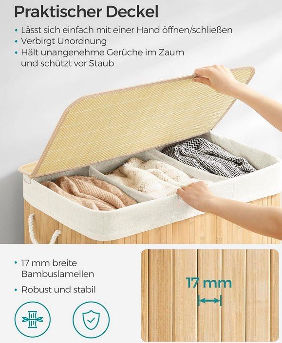 🧺 SONGMICS Wäschekorb aus Bambus mit 3 Fächern für 22,21€ (statt 32€)