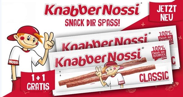 REWE Region Süd: 1+1 Aktion von KnabberNossi Classic Snackwürstchen Duo