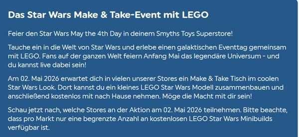 Lego Star Wars Make & Take Event in den Smyths Toys Stores am 02.05.2026