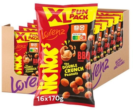 2,7kg! 🥜 16x NicNacs XL Fun BBQ (je 170g) ab 31,97€ (statt 48€)   1,99€ pro Tüte