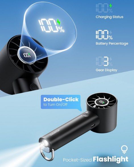 🌬️ Gaiatop Tragbarer Akku Handventilator mit LED Taschenlampe für 9,99€ (statt 20€)