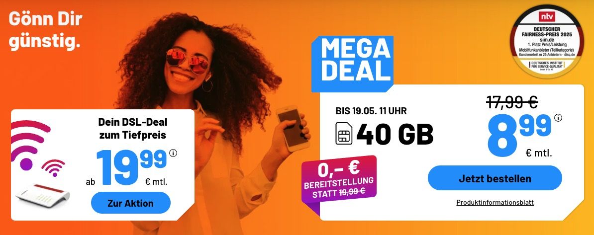 📱Sim.de Allnet Flat mit 40GB 5G für 8,99€ mtl. ➡️ oder Unlimited für 13,99€   auch monatlich kündbar