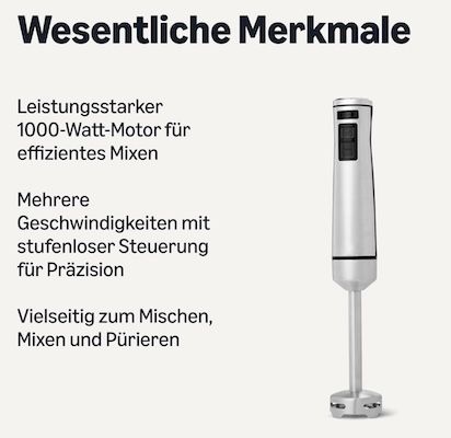 🌪️ Amazon Basics 1000 W Stabmixer mit Turbotaste für 22,30€ (statt 35€)