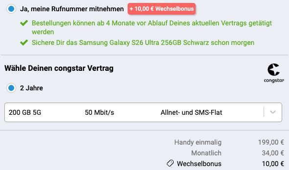 📱 Samsung Galaxy S26 Ultra für 169€ + Telekom Allnet 200GB für 34€ + 10€ Bonus