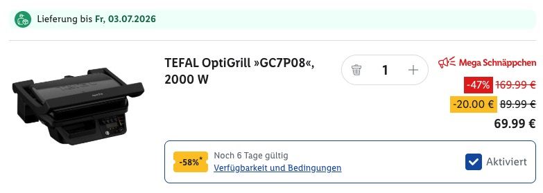 🥩 Tefal Optigrill GC7P08 mit 2.000W ab 69,99€ (statt 121€)