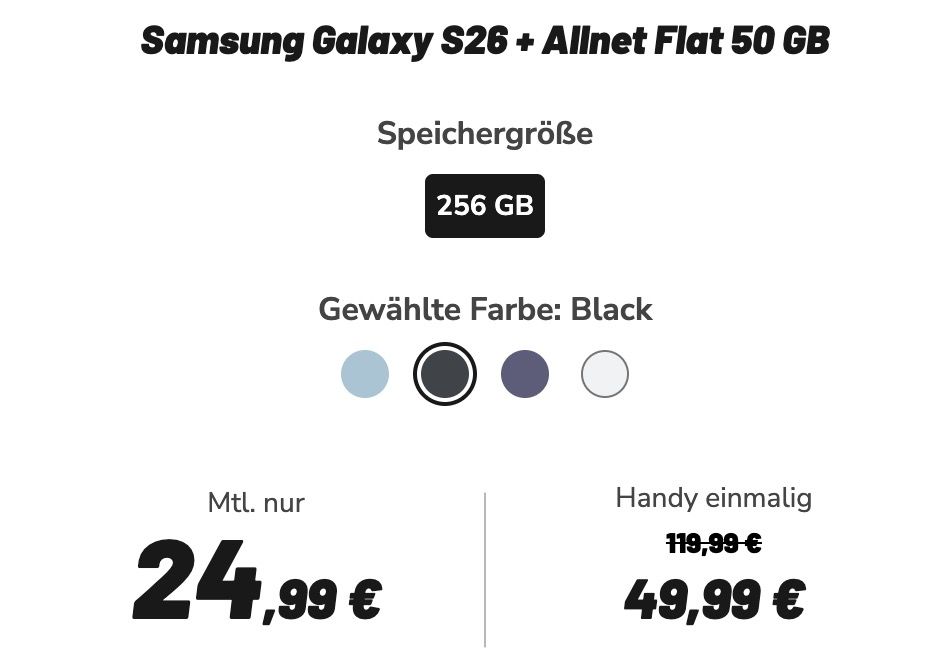 📱Samsung Galaxy S26 für 49,99€ + Vodafone Allnet 50GB für 24,99€ mtl. ➡️ VoLTE & WLAN Call 📱Samsung Galaxy S26 für 49,99€ + Vodafone Allnet 50GB für 24,99€ mtl. ➡️ VoLTE & WLAN Call
