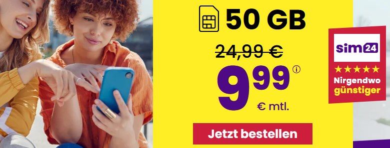 📲 sim24 Allnet-Flat mit 50GB 5G für 9,99€ mtl. + monatlich kündbar! 📲 sim24 Allnet Flat mit 50GB 5G für 9,99€ mtl. + monatlich kündbar!