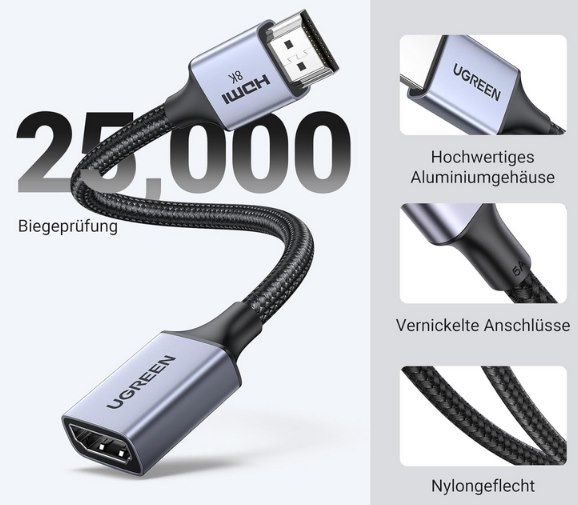 🖥️ UGREEN HDMI 2.1 Verlängerungskabel (1m) 8K@60Hz / 4K@240 Hz für 8,49€ (statt 10€)
