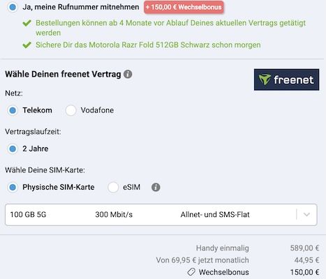 🔥 Neuheit 📱 Motorola Razr Fold + Moto Watch für 589€ + 100GB Telekom 44,95€ mtl. + 150€ Bonus