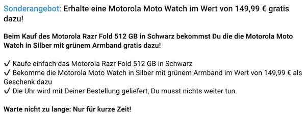 🔥 Neuheit 📱 Motorola Razr Fold + Moto Watch für 589€ + 100GB Telekom 44,95€ mtl. + 150€ Bonus
