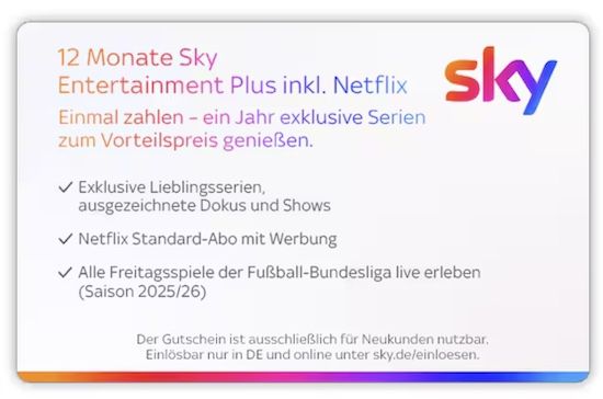 🔥 12 Monate Sky Entertainment Plus inkl. Netflix für einmalig 99€ + 🇩🇪 GRATIS adidas Deutschland WM Trikot