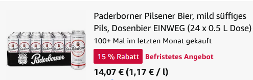 🍺 24x Paderborner Pilsener Dosen Bier je 0,5l für 14,07€ (statt 25€)