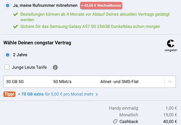 📱 Samsung Galaxy A57 (256GB) für 1€ + Telekom Allnet 30GB für 19€ mtl. + 💰 80€ Bonus