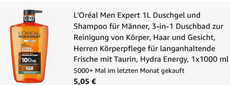 🚿 LOréal Men Expert XXXL Hydra Energy Duschgel 1 Liter ab 5€ (statt 10€)