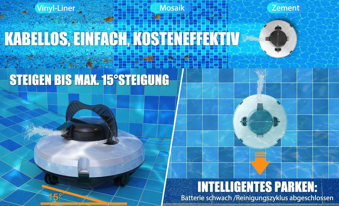 🧼 PZ018 Poolreiniger für bis zu 93m² & 120 Minuten für 89,99€ (statt 170€)