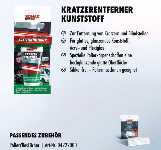 đ Sonax NanoPro Kratzer Entferner fĂŒr Kunststoff & Acryl, 75ml fĂŒr 11⏠(statt 15âŹ) đ Sonax NanoPro Kratzer Entferner fĂŒr Kunststoff & Acryl, 75ml fĂŒr 11⏠(statt 15âŹ)