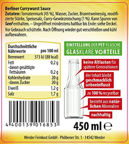 🍅 6x Werder Berliner Currywurst Sauce, je 450ml ab 7,36€ (statt 17€)   Joybuy Neukunden