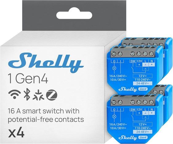 💡 4er Pack Shelly 1 Gen4 Smart Relais mit WLAN & Zigbee/Matter für 43,99€ (statt 67€)   Refurb.