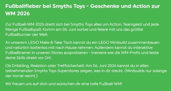 Gratis: Fußballfieber in den Smyths Toys Stores am 06.06.2026 Gratis: Fußballfieber in den Smyths Toys Stores am 06.06.2026