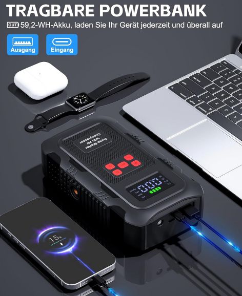 ⚡️ Povasee A1 6000A Starthilfe, Powerbank & Kompressor bis 10bar für 31,99€ (statt 60€)
