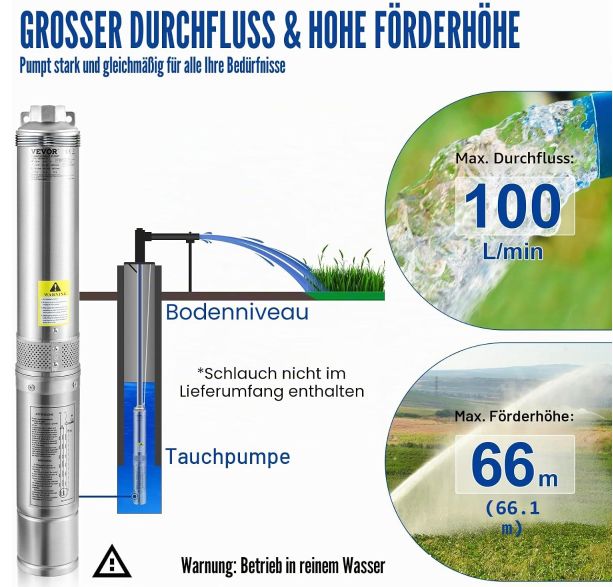 💦 VEVOR 82mm Tiefbrunnenpumpe mit 750W & 100L/min für 79€ (statt 102€)