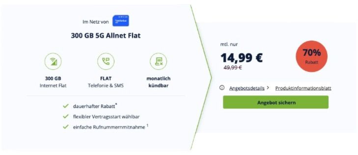 🧨 Freenet O2 Allnet Flat mit 300GB 5G ➡️ für dauerhaft 14,99€ mtl. 🔥 monatlich kündbar