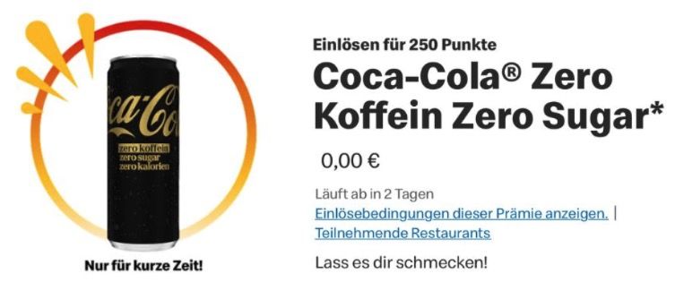 🥤💨 Coca Cola Zero Koffein Zero Sugar bei McDonalds ➡️ für 250 Punkte abstauben