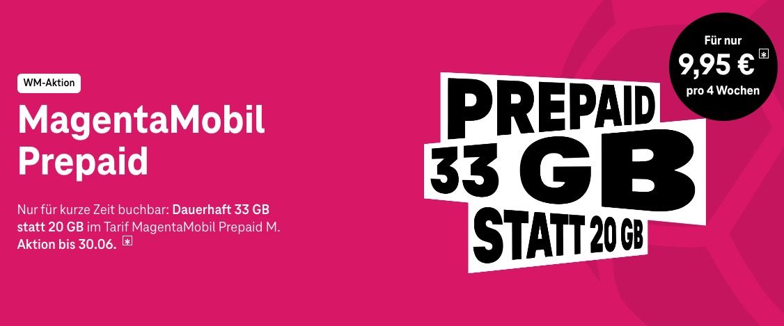 🔥 Telekom MagentaMobil Prepaid M mit 33GB nur 9,95€ 🔥 Telekom MagentaMobil Prepaid M mit 33GB nur 9,95€