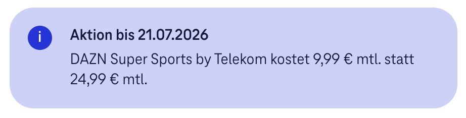 ➡️ DAZN Super Sport für MagentaTV 🧨 mit Bundesliga-Konferenz ➡️ für 9,99€ mtl. (statt 25€) ➡️ DAZN Super Sport für MagentaTV 🧨 mit Bundesliga Konferenz ➡️ für 9,99€ mtl. (statt 25€)