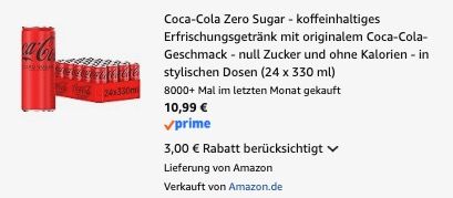 🥤 24x Coca-Cola Zero Sugar ab 10,99€ (statt 22€) - 45 Cent pro Dose! 🥤 24x Coca Cola Zero Sugar ab 10,99€ (statt 22€) 45 Cent pro Dose!